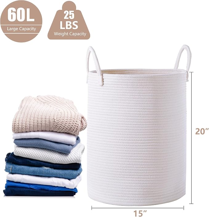 60L Pure White Woven Hamper Laundry Basket Cotton Rope Blanket Basket for Living Room 15Dx20H inches Tall Clothes Hamper for Baby Nursery Kids in Bedroom Large