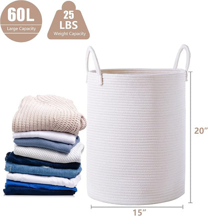 60L Pure White Woven Hamper Laundry Basket Cotton Rope Blanket Basket for Living Room 15Dx20H inches Tall Clothes Hamper for Baby Nursery Kids in Bedroom Large
