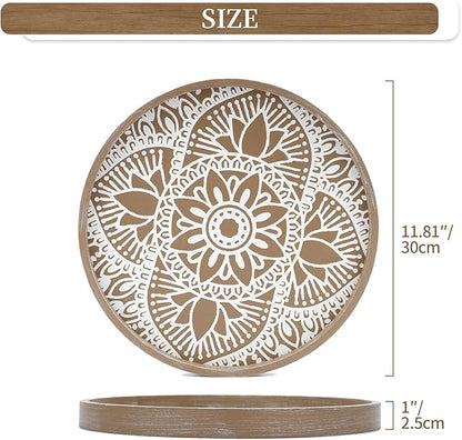 Hanobe Round Decorative Tray for Table: Boho Coffee Table Trays for Home Decor - Mid Century Farmhouse Circle Wood Serving Rustic Bohemian for Kitchen Counter Women