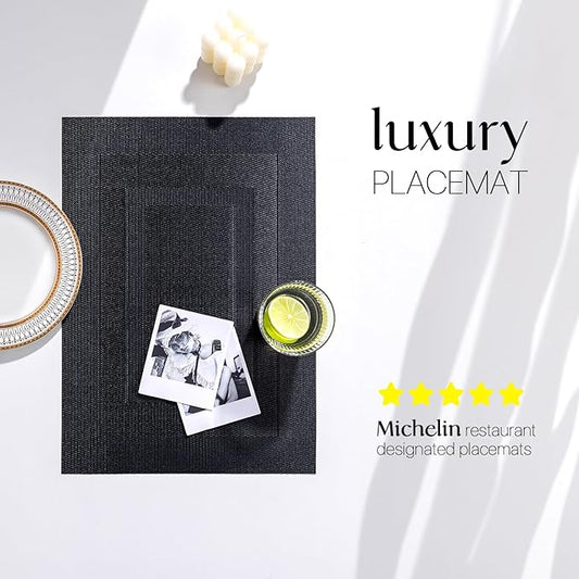LEXMORE Placemats Set of 8 Vinyl/Plastic Woven Place Mats for Kitchen Table Indoor/Outdoor Washable Placemat Wipeable Dining Table Mats(Black Cube)