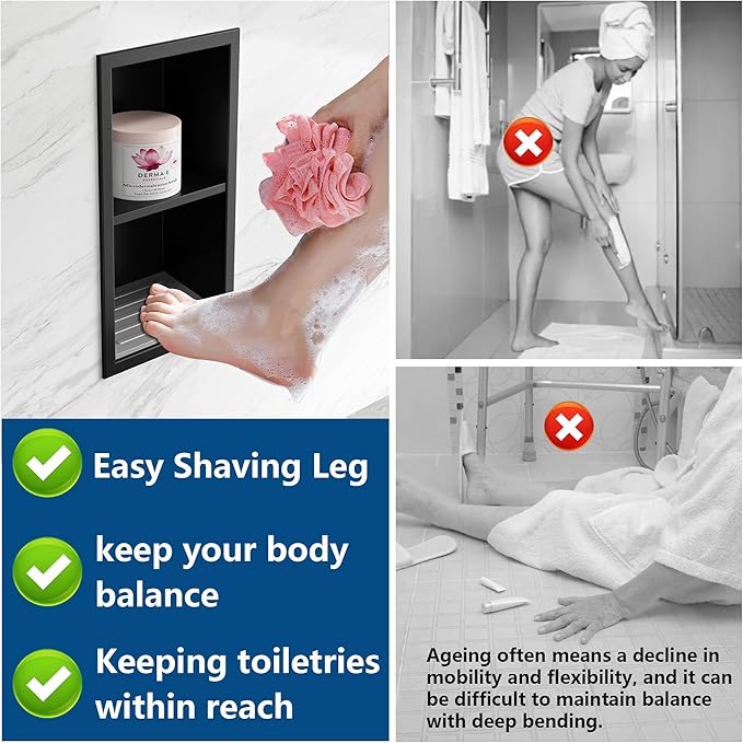 Qeke Shower Foot Rest for Shaving Legs, 304 Stainless Steel Footrest Niche with Shaving Holder, Recessed Shower Niche for Shaving Legs, Matte Black, 5.9" X 12.3"