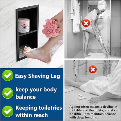 Qeke Shower Foot Rest for Shaving Legs, 304 Stainless Steel Footrest Niche with Shaving Holder, Recessed Shower Niche for Shaving Legs, Matte Black, 5.9" X 12.3"