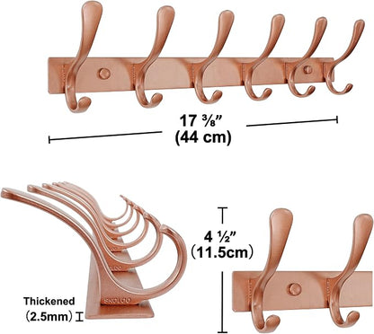 SKOLOO Coat Rack Wall Mounted - 6 Hooks, Pack of 2, Heavy Duty, Stainless Steel, Metal Wall Hanger, Sturdy Coat Hooks for Hanging Coats, Jacket, Clothes, Hat, Matte Rose Gold