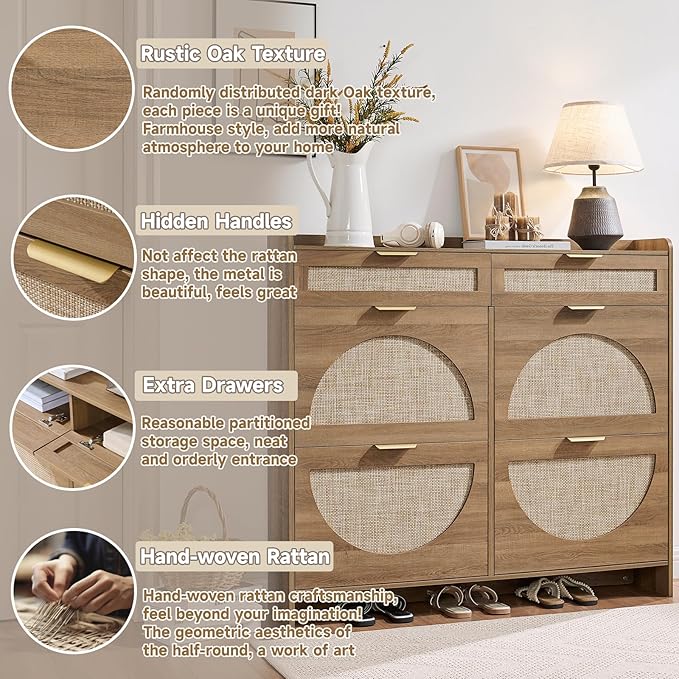 Rattan Shoe Storage Cabinet with 4 Flip Drawers & 2 Drawers, Freestanding Organizer for Front Door Entrance, Hidden Narrow Shoe Rack Cabinet Storage for Entryway, Rustic Oak Rattan