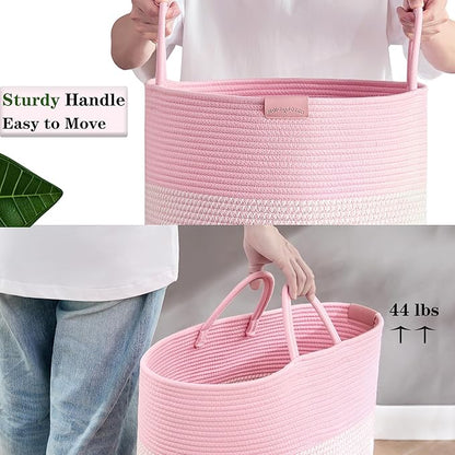 80L Extra Large Pink Hamper Tall Laundry Basket for Girls Kids Nursery Hamper for Baby Woven Cotton Rope Laundry Basket for Little Girls Room Bedroom 16x22 Inches