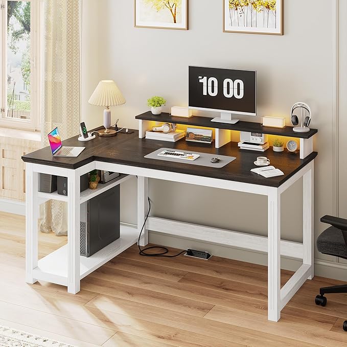 EnHomee 47.3" Computer Desk with Monitor Stand & LED Lights, Farmhouse Office Desk with Power Outlet & Storage Shelves for Home Office, Wood Computer Table for Bedroom Work, Metal Frame,White