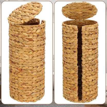 Stand Paper Storage with Lid Spare Extra 3 Rolls of Toilet Tissue Holder Free Standing Water Hyacinth Wciker Toilet Paper Organizer Basket for Bathroom