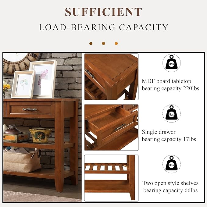 LKTART Solid Wood Console Table Entryway Table with Storage Drawers and Shelves Sofa Tables (42" Brown)