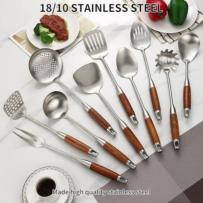 Stainless Steel Kitchen Utensils Set with Wood Handle, 18/10 Metal Cooking Utensils Set, 10 Piece - Spatula, Spoon, Ladle, Skimmer, Slotted Turners, Pasta,Turner, Ladl, Fork
