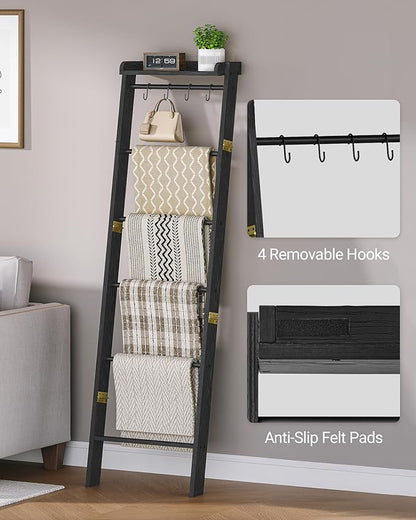 Hzuaneri Blanket Ladder Shelf, Decorative Quilt Rack, 7-Tier Farmhouse Ladder Holder Organizer with 4 Removable Hooks 7.9" D x 17.3" W x 66.9" H, Black BR36804B
