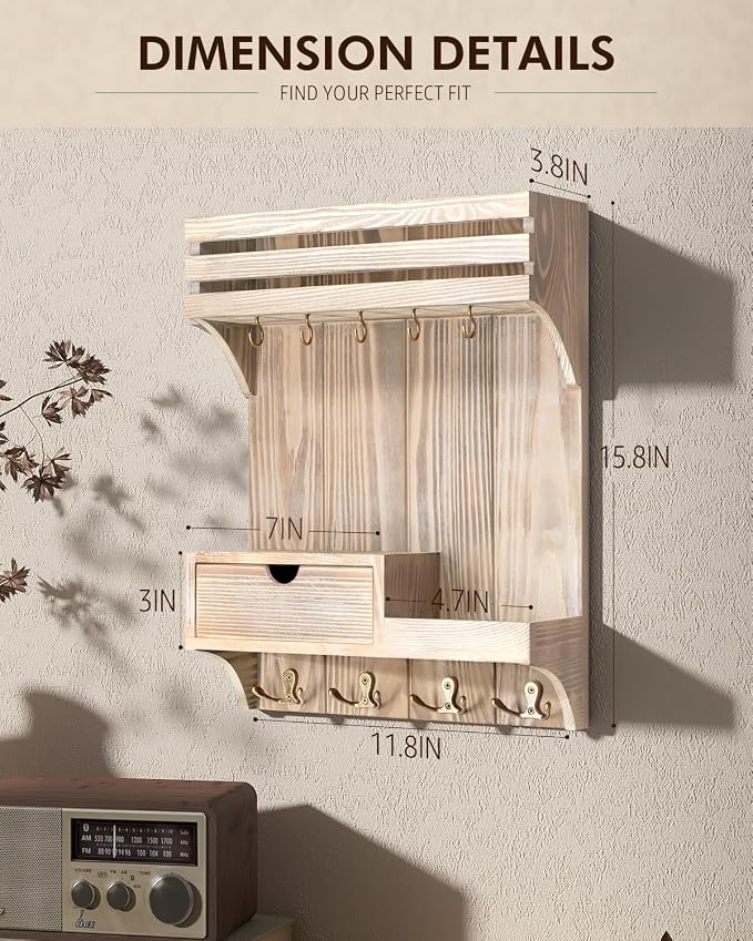Rebee Vision Decorative Key Holder Wall Mount with Mini Drawer Organizer - Farmhouse Key Holder for Wall with Mail Organizer & 9 Key Hooks - Ideal Room Decor Aesthetic (Natural Wood)