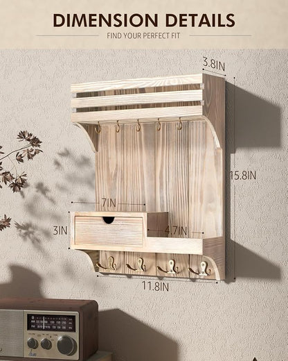 Rebee Vision Decorative Key Holder Wall Mount with Mini Drawer Organizer - Farmhouse Key Holder for Wall with Mail Organizer & 9 Key Hooks - Ideal Room Decor Aesthetic (Natural Wood)