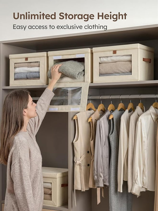 Homsorout Large Closet Storage Organizer - Clothes Storage Bins with Handles & Window, Collapsible Decorative Boxes with Lids, Fabric Containers for Living Room, Dorm, 5 Pack, Beige
