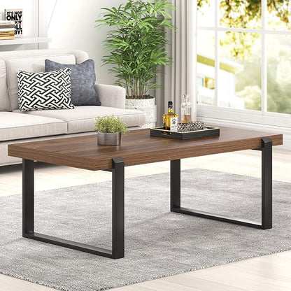 FOLUBAN Modern Coffee Table, Rustic Wood and Metal Center Table, Industrial Rectangle Cocktail Tea Table for Living Room, Walnut, 47 Inch