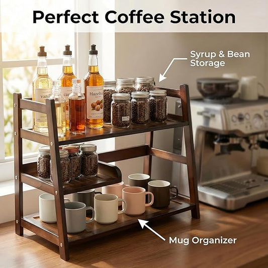 3 Tier Bamboo Matcha Station shelf, coffee station organizer Shelf for Kitchen Countertop, Tea station organizer - Matcha Powder, Tools & Cup Organizer for Matcha Lovers, Home Baristas.