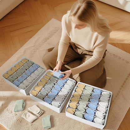 Sock Organizer 4 Pack, 24 Cell Foldable Underwear & Sock Storage, Drawer Organizer for Ties, Belts. (White)