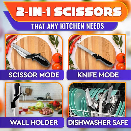 2 in 1 Kitchen Scissors for Food – Stainless Steel 9.5" Tomato Knife Chops Vegetables, Fruit, Cheese, Meat in Seconds | Dishwasher Safe Cutting Board Scissors with Safety Lock – Kitchen Gift for Dad