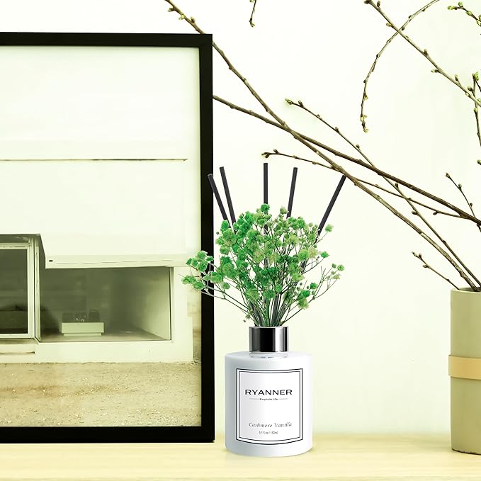 RYANNER Reed Diffuser Set,5.1 fl oz Cashmere Vanilla Scent Diffuser with Sticks Home Fragrance Reed Diffuser with Essential Oil for Bathroom Shelf Decor&Air Freshener,Home Bathroom Office Decor&Gifts
