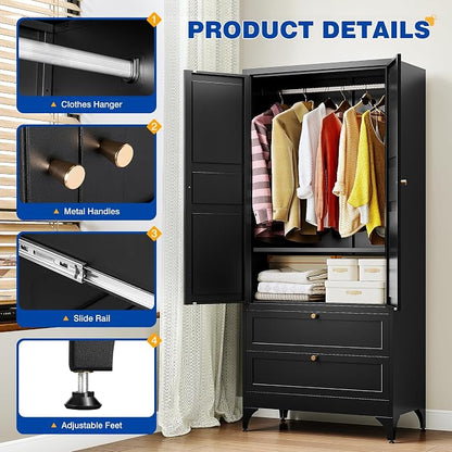 BYNSOE Metal Armoire Wardrobe Closet with 2 Drawers 71'' Wardrobe Cabinet with Drawers and Hanging Rail Metal Closet with Adjustable Shelves for Bedroom. (Black, with 2 Drawers)