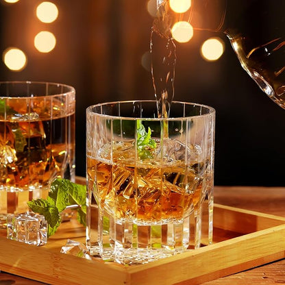 Lovelalty K9 Crystal Whiskey Glass Wooden Cup Mat Set 8.5oz Hand Engraving Asterism Kaleidoscope Pattern Old Fashioned Glass Wineglass Whisky Rock Glass