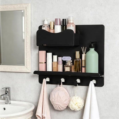Bedside Shelf Wall Mount, Adhesive Bedside Shelf Accessories Organizer with Hooks and Cable Clips,Dorm Bedside Wall Storage for Phone, Remote, Earphone,Plastic (Black)