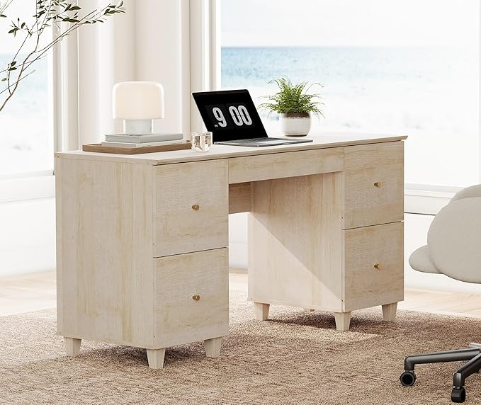 WAMPAT Executive Desk with 4 Deep Drawers, 58 Inch Modern Wooden Office Desk with Charging Station & Keyboard Tray, Home Office Large Computer Desk, Work & Study Writing Desk, Light Oak