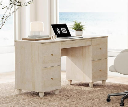 WAMPAT Executive Desk with 4 Deep Drawers, 58 Inch Modern Wooden Office Desk with Charging Station & Keyboard Tray, Home Office Large Computer Desk, Work & Study Writing Desk, Light Oak