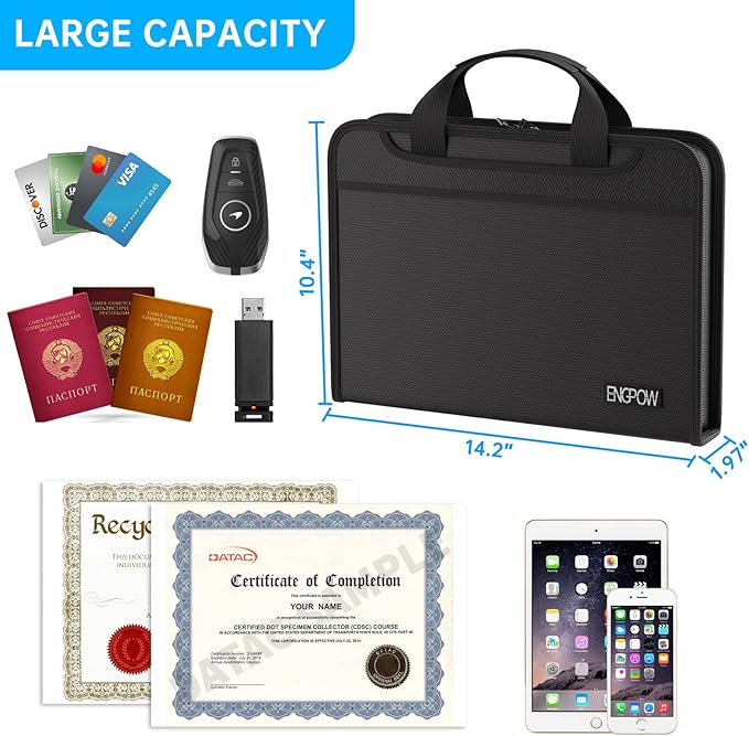 ENGPOW Accordion File Organizer, Fireproof 5200°F Expanding File Folder with 13 Pockets Document Organizer with Handle & Labels, Portable Home Office Travel Safe Storage for Letter A4 Files, Black