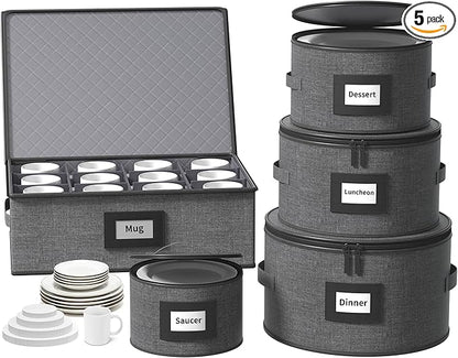 Aokeyee 5-Piece China Storage Containers Set, Hard Shell Moving Boxes for Dishes, Plates & Mugs – Dinnerware Organizer with Soft Felt Dividers, Sturdy Handles & Zippers, Grey