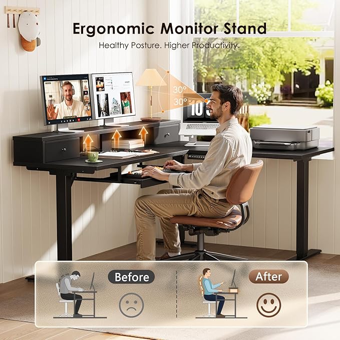 OffiGo 59 Inch L Shaped Electric Standing Desk with Drawers, Height Adjustable Corner Computer Desk with Keyboard Tray & Monitor Stand, Stand Up Table for Home Office Workstation, Black