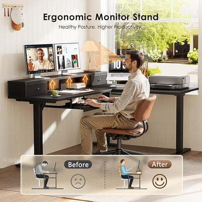 OffiGo 59 Inch L Shaped Electric Standing Desk with Drawers, Height Adjustable Corner Computer Desk with Keyboard Tray & Monitor Stand, Stand Up Table for Home Office Workstation, Black