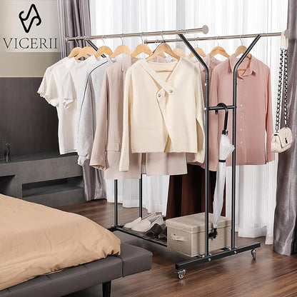 Clothing Rack, Heavy Duty Clothes Racks with Wheels and Bottom Shelf, 52.36’’ Metal Double Clothing Racks with Wheels, Wardrobe Rack for Hanging Clothes, Coats, Shirts, Skirts, Dresses, Black