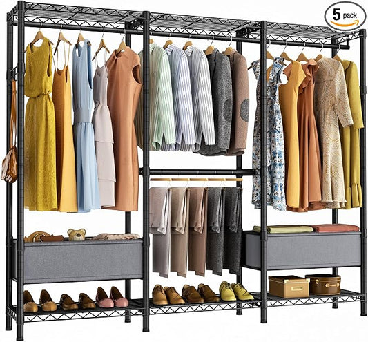 Golpart Clothes Rack Coat Rack Closet Organizers and Storage Laundry Room Organization Heavy Duty Portable Clothing Racks for Hanging Clothes Adjustable Freestanding with Shelves and Wheels Black