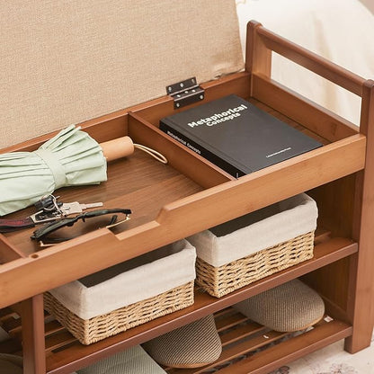 31.5" Bamboo Shoe Rack Bench with Storage, 3-Tier Entryway Bench with Thick Cushion, Flip-Top & Side Baskets, Holds Up to 550 LBS for Hallway, Living Room, Bedroom