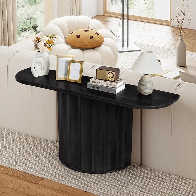 Fluted Console Table, 59'' Narrow Wooden Sofa Tables Behind Couch, Modern Entryway Table with Storage Curved Accent Table for Hallway, Living Room, Entrance, Foyer (Black)