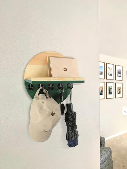 Key Holder for Wall with Shelf - Wood Mail Organizer and Rack with Shelf Hooks Wall Mounted for Entryway Decor Magazines Letter Storage Farmhouse Living Room Bedroom Doorway Green