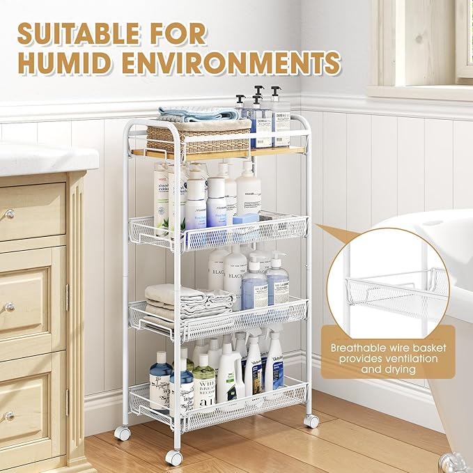 TOOLF 4-Tier Rolling Cart, Metal Utility Cart, Slide Out Storage Cart with Wooden Tabletop and Mesh Baskets, Easy Assemble Trolley for Kitchen Bathroom Laundry Room Bedroom Apartments Dormitory
