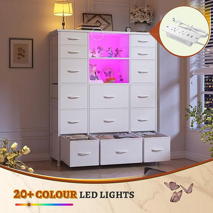 EnHomee 51" H White Dresser with 15 Drawers Dresser for Bedroom with Charging Station & LED Lights & Hutch Sturdy Bedroom Dressers, Steel Frame, Wood Top, 51.2" H x 39.3" W x 11.8" D