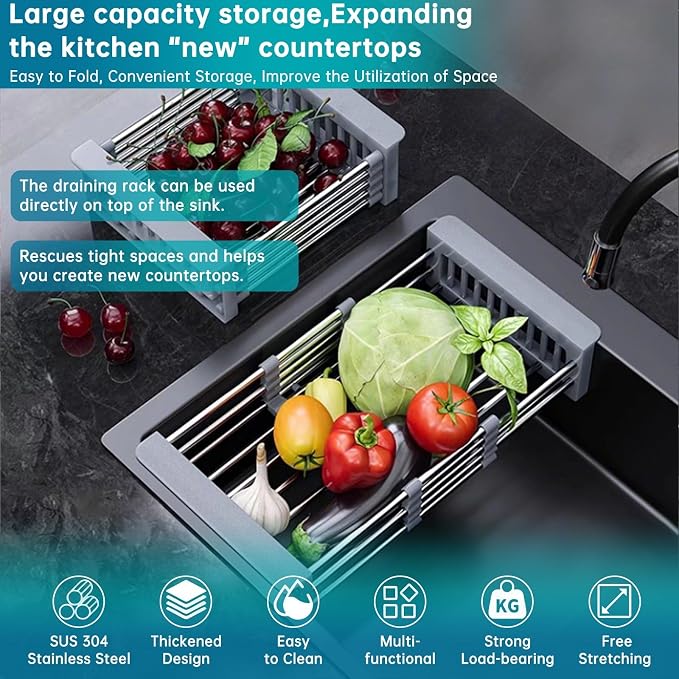 Dish Drying Rack, Stainless Steel Dish Drainer with Adjustable Arms Holder Functional Kitchen Sink Organizer for Vegetable and Fruit, Gray Large