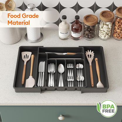 Lifewit Utensil Organizer for Kitchen Drawer, Expandable Cooking Silverware Tray, Adjustable Cutlery Flatware Holder, Plastic Spatula Tools Storage Divider, 13-22.4 x 15", Black