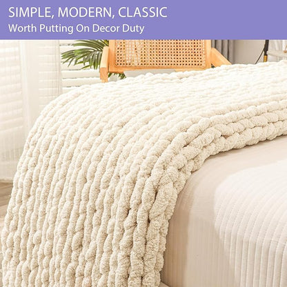 Bigacogo Chunky Knit Throw Blanket for Couch, 60x80 inches, 100% Hand Knitted with Thick Jumbo Chenille Yarn, Cozy Soft Large Rope Knot Cable Crochet Blankets for Sofa Bed Living Room, Beige