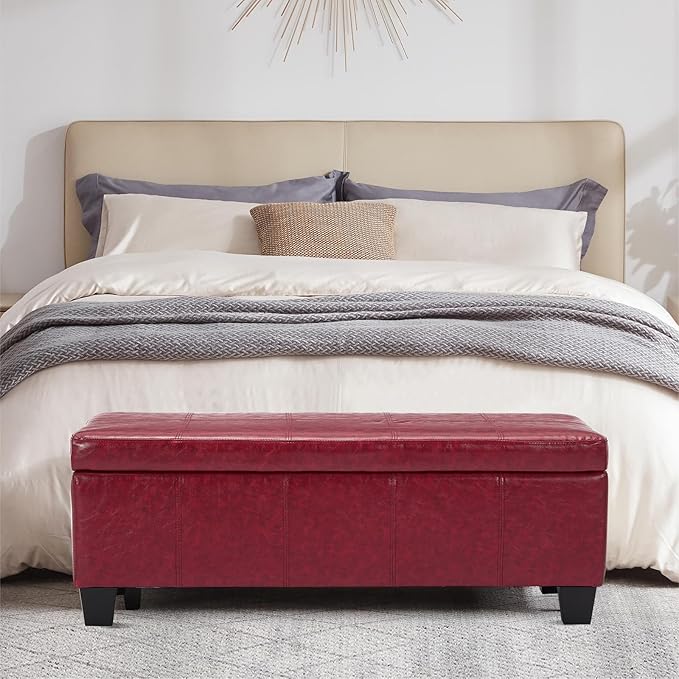 41" Storage Ottoman Bench, Faux Leather Storage Foot Rest with Safety Hinge, Load up to 660 lb Upholstered Tufted Entryway Bench with Seating for Living Room, Bedroom, Wine Red