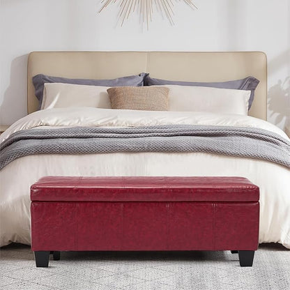 41" Storage Ottoman Bench, Faux Leather Storage Foot Rest with Safety Hinge, Load up to 660 lb Upholstered Tufted Entryway Bench with Seating for Living Room, Bedroom, Wine Red