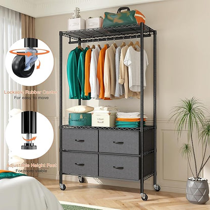 Raybee Rolling Clothes Rack for Hanging Clothes, Clothing Rack with 4 Fabric Drawers and Wheels, Portable,Adjustable,Sturdy,Black