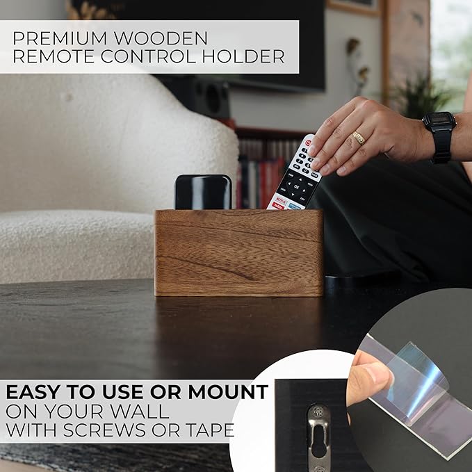 KIBAGA Premium Wooden Remote Control Holder - Easy Install Adhesive Wall Mount Caddy Keeps 3-4 TV Remotes Neatly Organized - Stylish Natural Wood Organizer is Perfect for Any Bed Or Living Room Wall