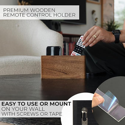 KIBAGA Premium Wooden Remote Control Holder - Easy Install Adhesive Wall Mount Caddy Keeps 3-4 TV Remotes Neatly Organized - Stylish Natural Wood Organizer is Perfect for Any Bed Or Living Room Wall