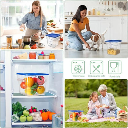 Lallisa 4 Pcs 8 Qt and 4 Qt Clear Food Storage Containers with Lids, Handles and Scales, Commercial Grade Square Containers Polycarbonate Air Tight for Home Storage Kitchen Restaurant (Blue)