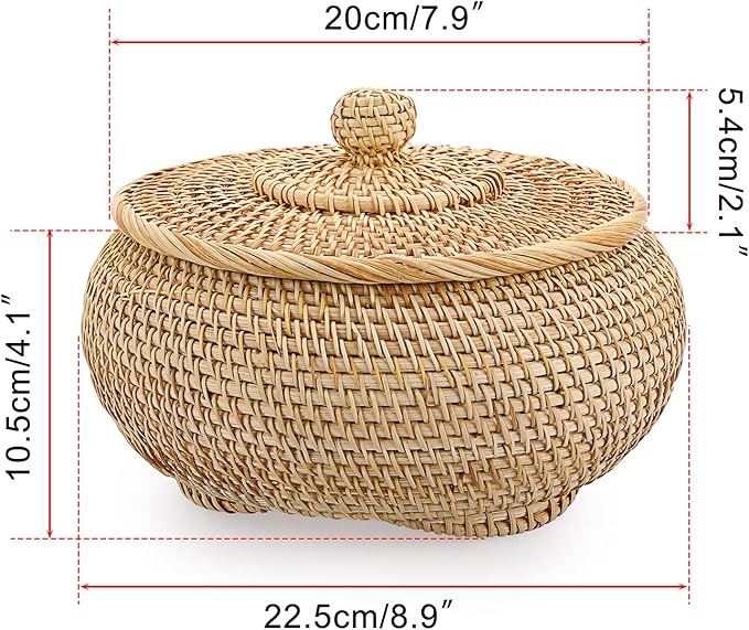 Hipiwe Round Rattan Basket Box with Lid Hand-Woven Wicker Basket Bin Tray Multi-Purpose Picnic Food Bread Storage Basket Decorative Box for Home Bathroom Shelf Organizing, Small