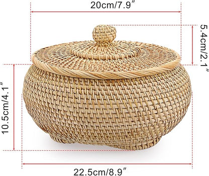 Hipiwe Round Rattan Basket Box with Lid Hand-Woven Wicker Basket Bin Tray Multi-Purpose Picnic Food Bread Storage Basket Decorative Box for Home Bathroom Shelf Organizing, Small