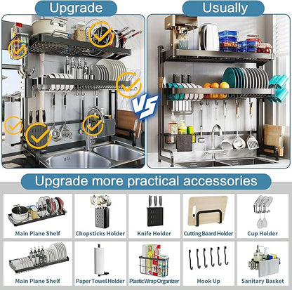 Over The Sink Dish Drying Rack,3 Tier Adjustable Length Full Stainless Steel Large Storage Kitchen Dish Rack,for Kitchen Counter Expandable Multifunctional Organizers,Silver (25.5'' to 37.6'')